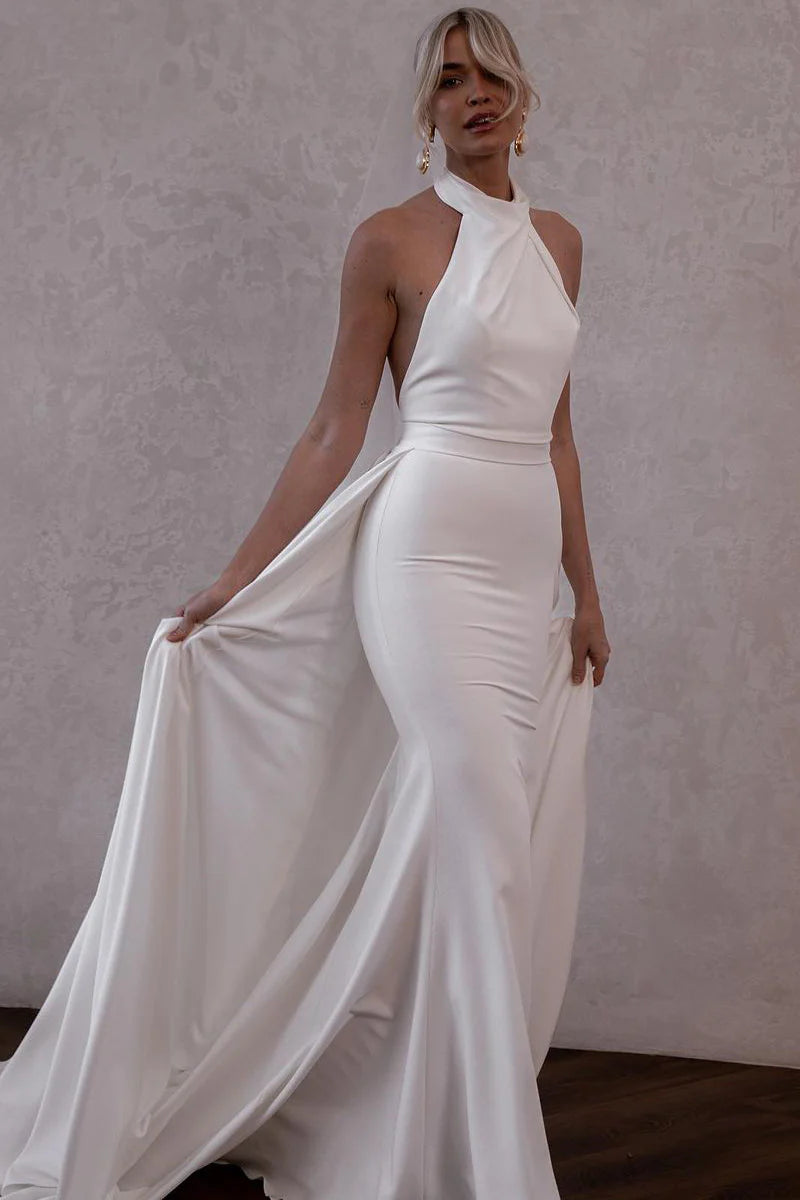 White Satin Halter Wedding Dresses with Detachable Train – Koutun Dress