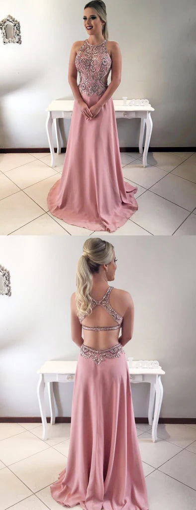Luxury Dusty Rose Beading Rhinestone Open Back Prom Dresses