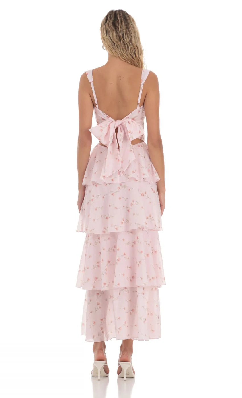 Chic Spaghetti Straps Floral Ruffle Backless Maxi Dress in Pink