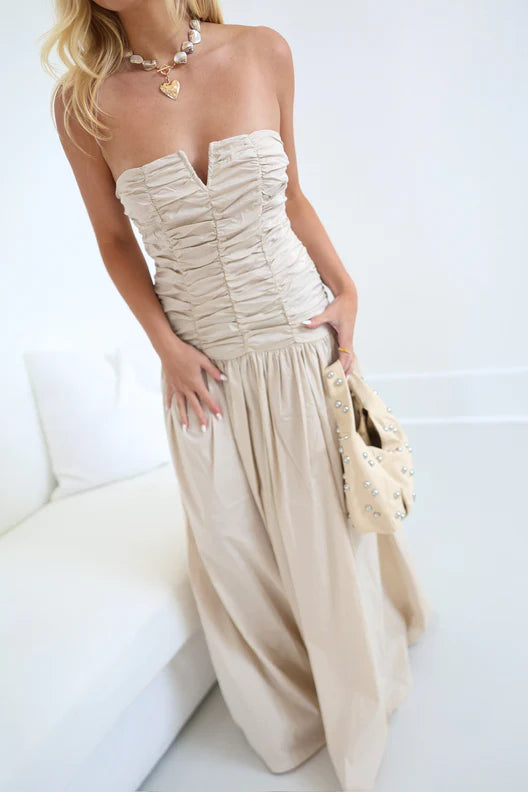 Chic V Neck Ruched Column Maxi Dress - Pink Ankle-Length Prom Dress