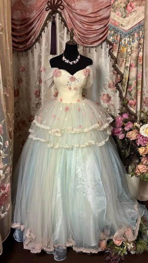 Sweet Vintage Floral Tulle Prom Dresses Birthday Party Gown