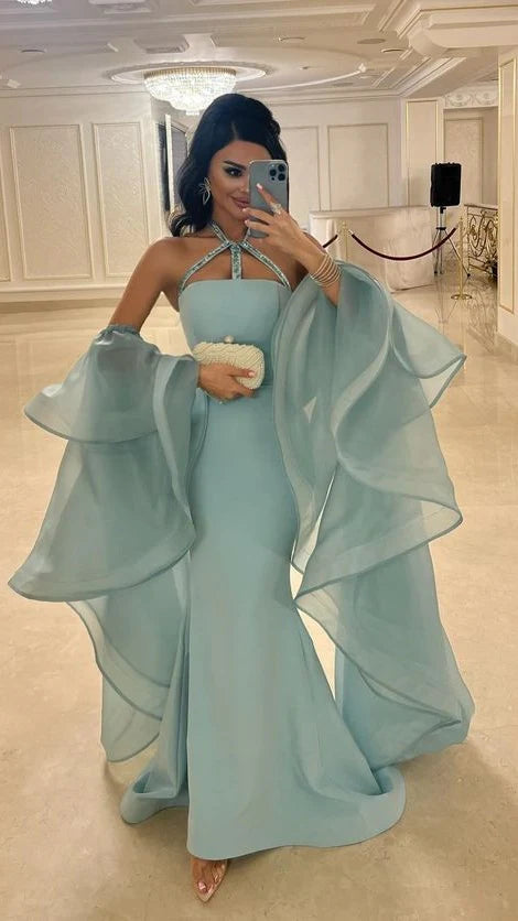 Fashion Tiffany Blue Mermaid Prom Dresses With Organza Sleeves