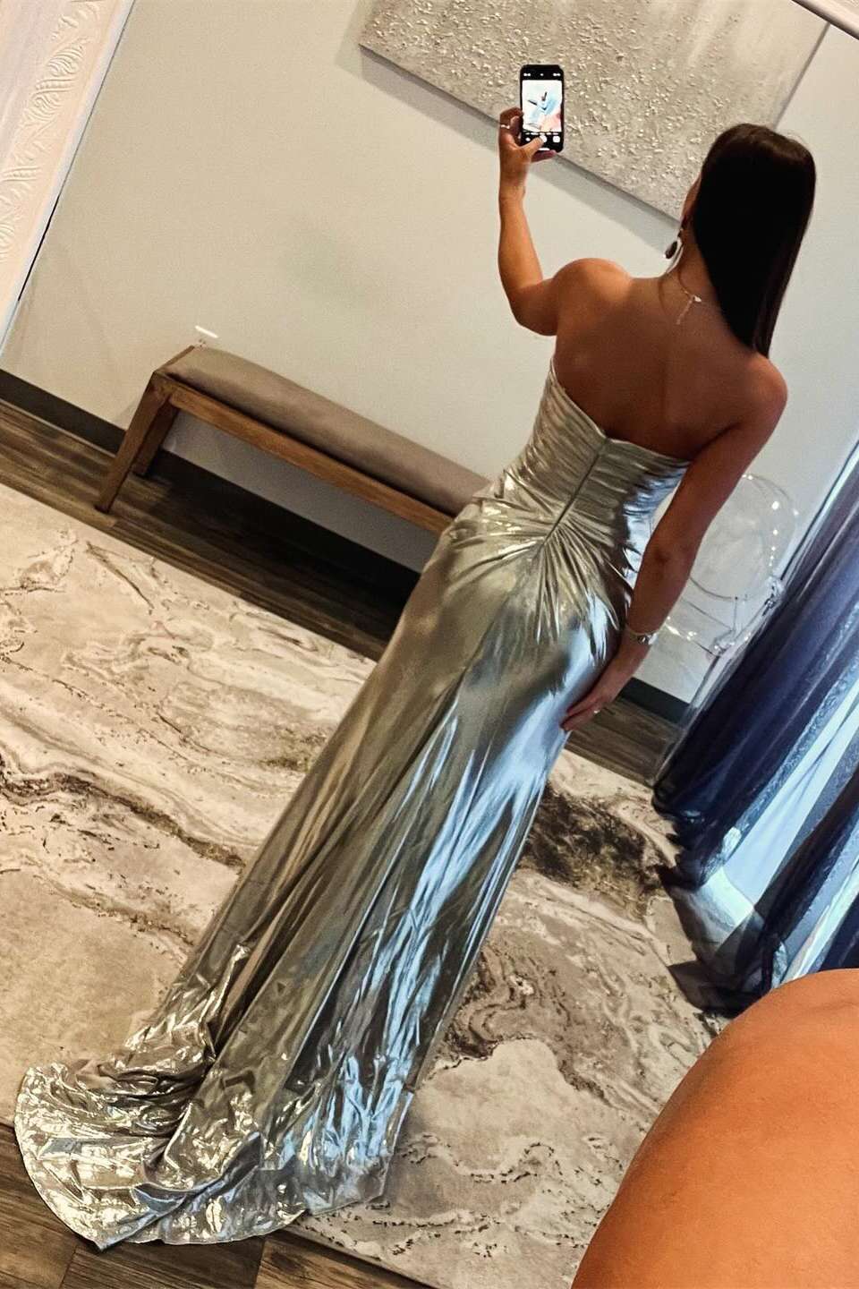 Chic Beaded Neck Gold Ruched Long Dress with Slit Prom Dress