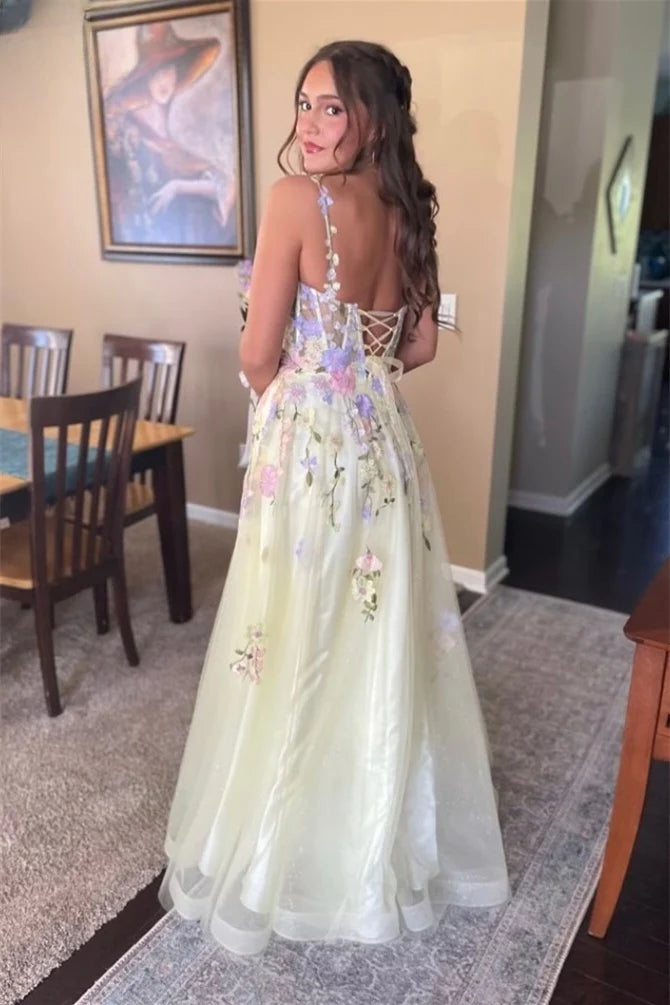Artistic Straps Yellow Appliques A-line Long Dress with Slit