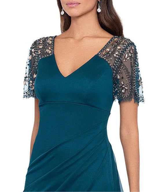 Chic Beaded Sheer Flutter Sleeve Cascading Draped Waist V-Neck Beaded Gown