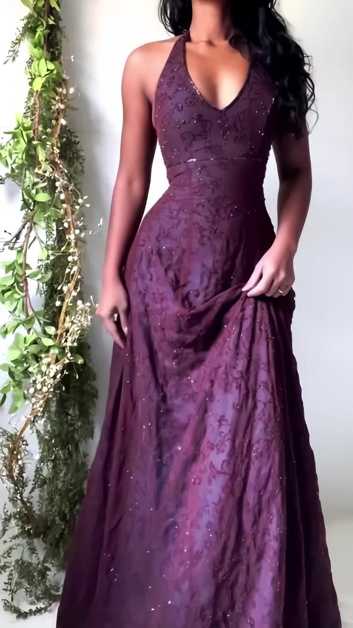 Purple Lace Halter Prom Dresses Long Evening Party Dress Koutun Dress Purple Lace Halter Prom Dresses Long Evening Party Dress Koutun Dress