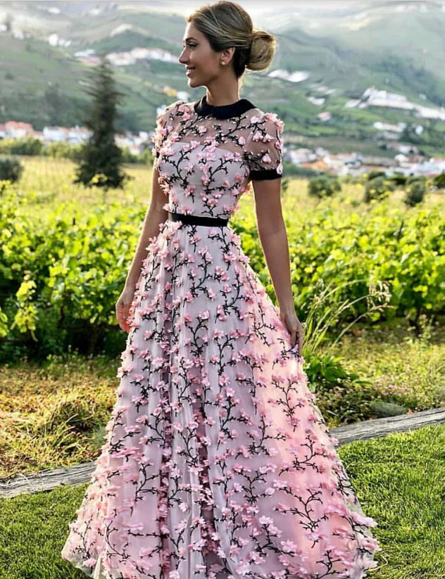 Romantic A-Line Round Neckline Short Sleeves 3D Floral Long Prom Dress