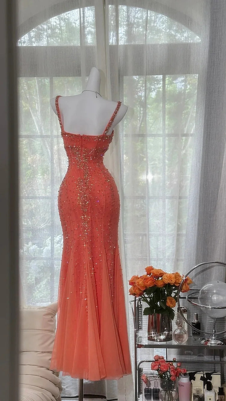 New Orange Sparkle luxurious gorgeous exquisite beaded long vintage chiffon prom dress