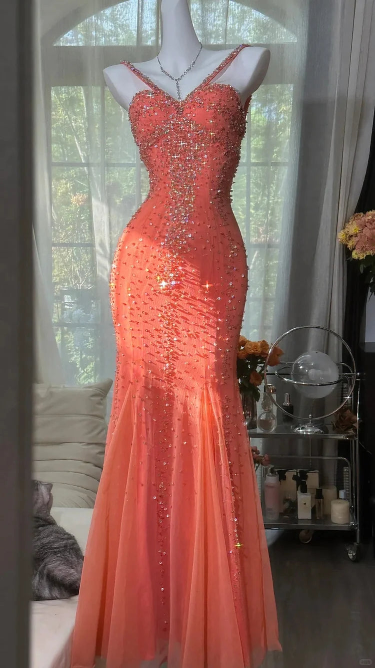 New Orange Sparkle luxurious gorgeous exquisite beaded long vintage ch – Koutun Dress