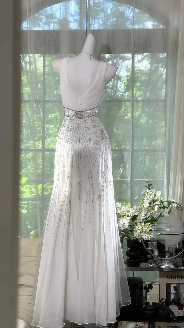 Gentle Mermaid V Neck Shiny Rhinestone White Chiffon Prom Dress Date Dress