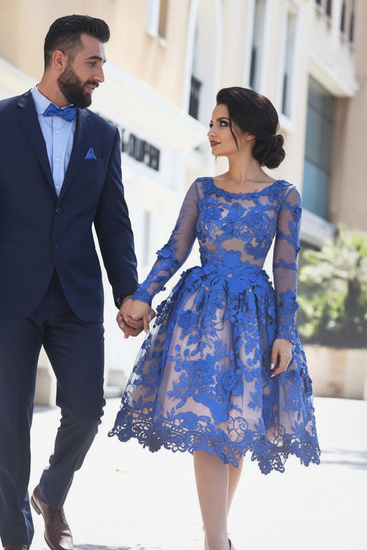 Delicate Ruyal Blue Appliques Prom Dress Long Sleeve