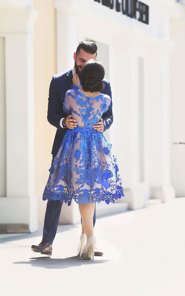 Delicate Ruyal Blue Appliques Prom Dress Long Sleeve