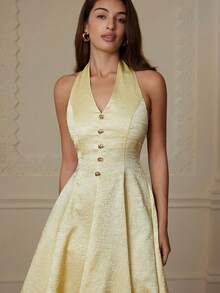 Elegant Satin Textured V-Neck Sleeveless Dress With Metal Buckle Accent, Flared Hem, Sophisticated Party Dress