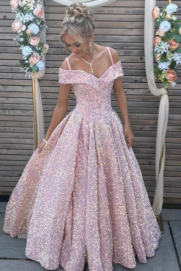 Pink Off-Shoulder V-Neck A-Line Sequined Pleats Empire-Waist Prom Dress