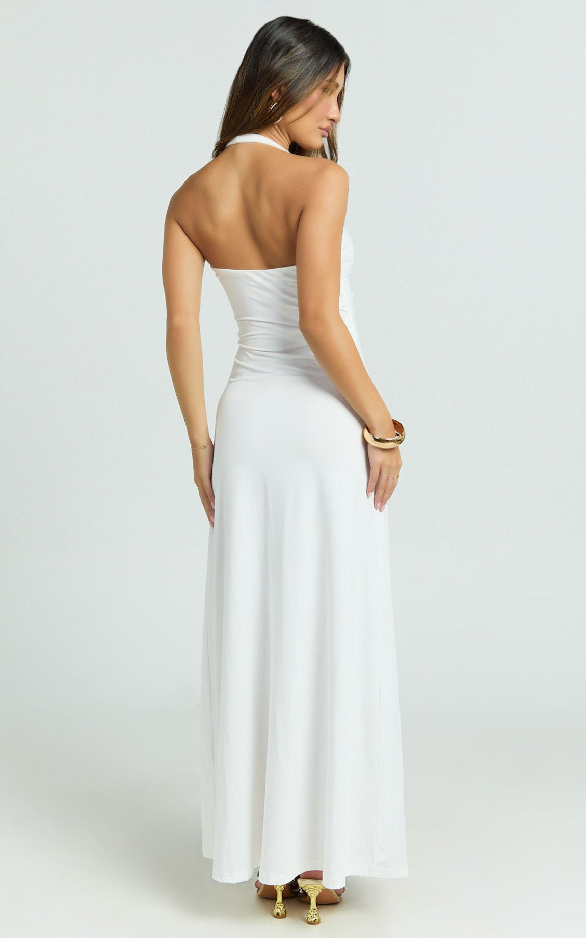 Halter U Ruched Neck Cut Out Prom Dress in White