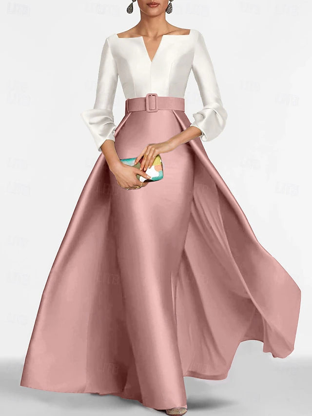 Sheath / Column Floor Length Evening Gown Ball Gown with Overskirt Formal Dress Elegant Color Block Silky 3/4 Length Sleeve V Neck Christmas Formal Belt / Sash Satin with Slit