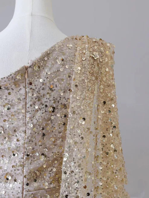 Gold Shiny One Shoulder Mermaid Sequin Slit Long Prom Dress, Evening Dress