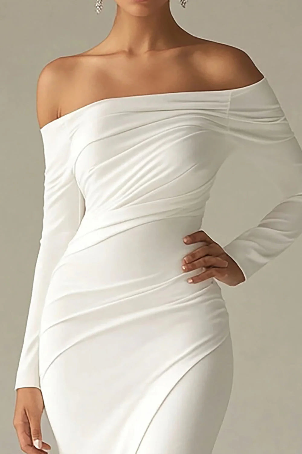 White Sheath Long Off the Shoulder Rehearsal Dinner Dress with Sleeves