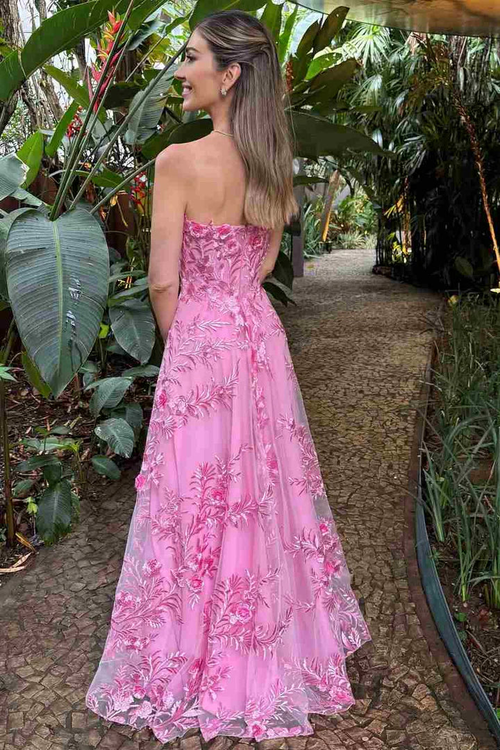 Romantic Pink Strapless 3D Floral Tulle Ballgown Formal Evening Gown
