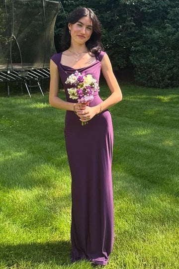 Sleek Purple Scoop Neck Ruched Bodycon Maxi Formal Evening Dress