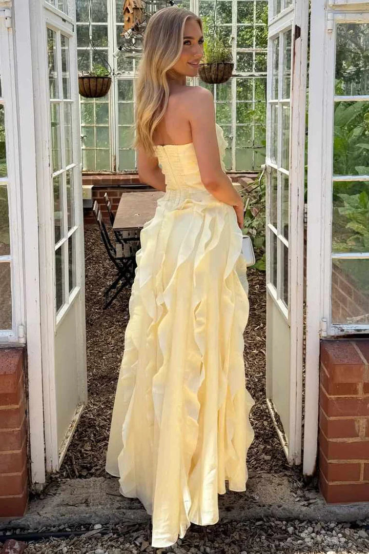 Chic Yellow Strapless Ruffled High-Slit Midi Formal Evening Dress