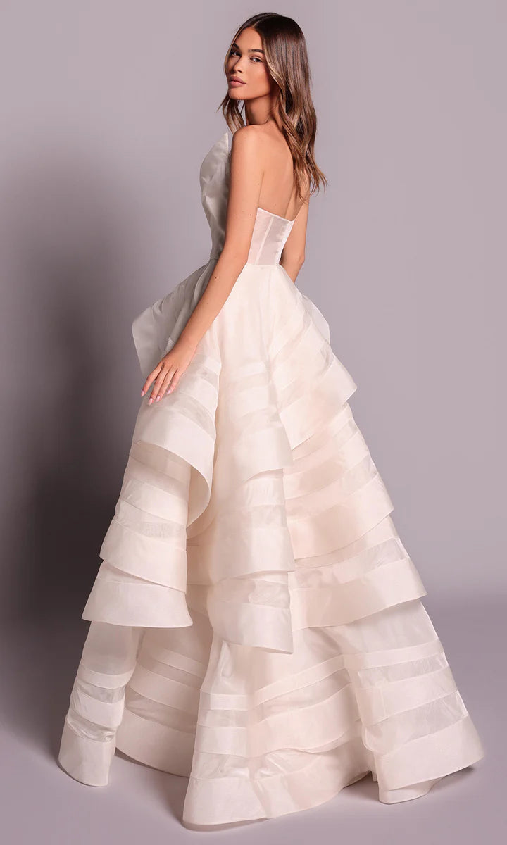 Regal Ivory Asymmetric Strapless Tiered Ball Gown with 3D Rose