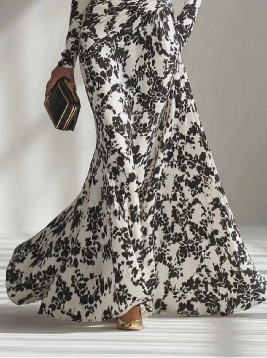 Modern Monochrome Abstract-Print High-Neck Maxi Gown