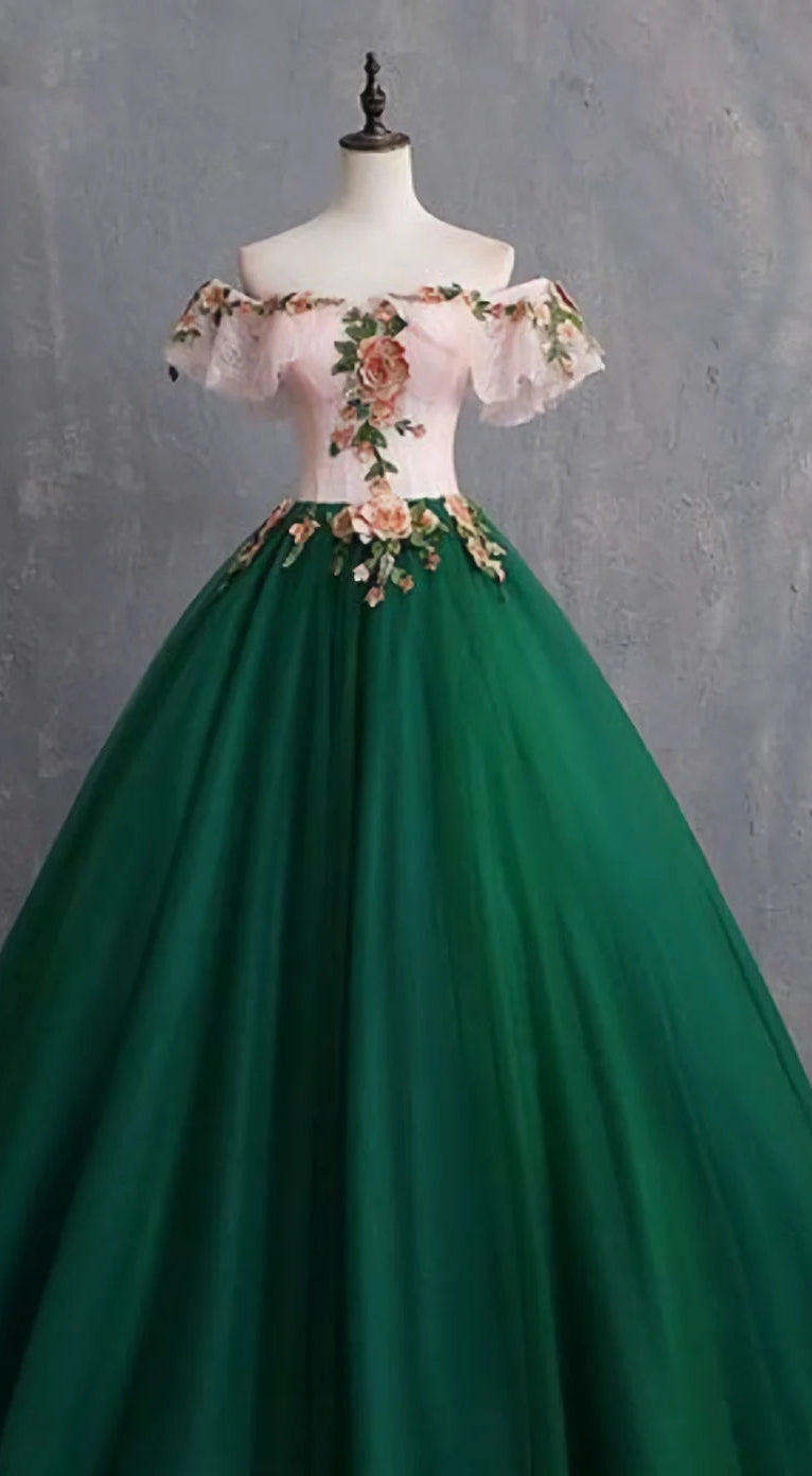 Enchanting Blush-Green Off-Shoulder Floral Ball Gown