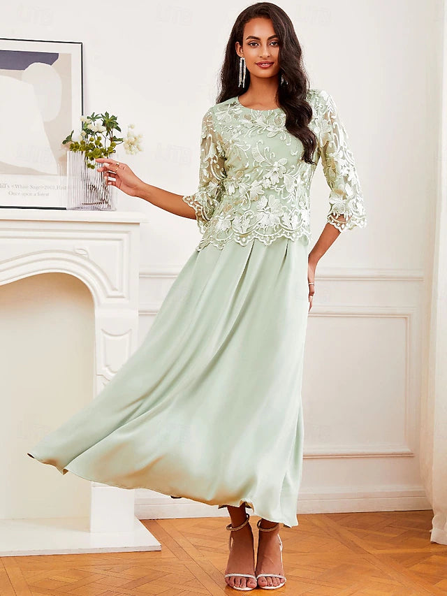 Wedding Guest Cocktail Dress Maxi Dress Contrast Lace Party Elegant Formal V Neck Light Green Color