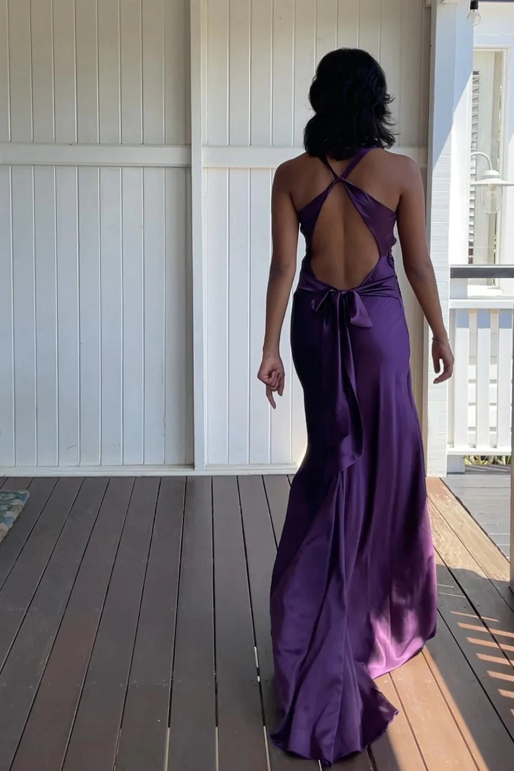 Purple Trendy Sheath Halter Neck Purple Long Party Dress with Open Back Bowknot