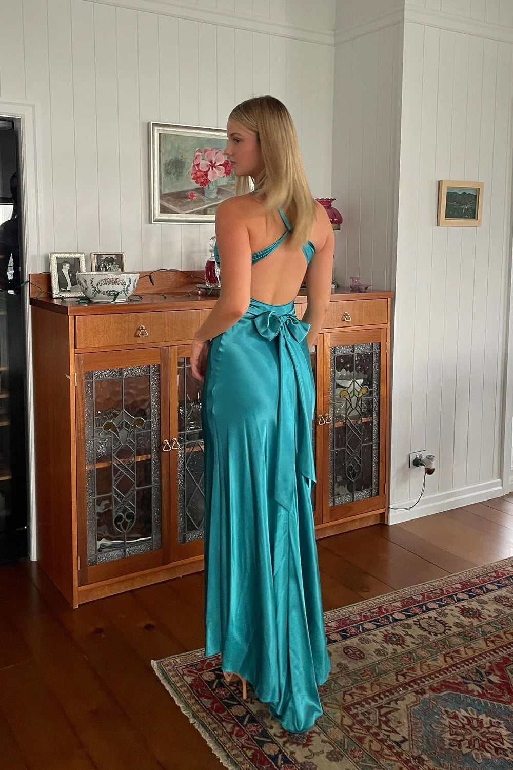 Green Trendy Sheath Halter Neck Purple Long Party Dress with Open Back Bowknot