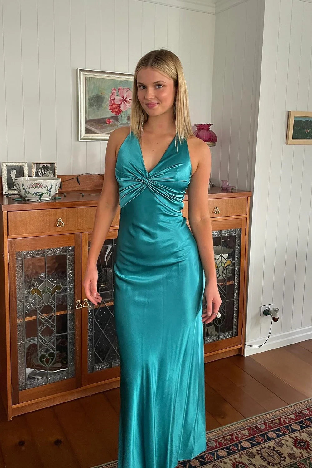 Green Trendy Sheath Halter Neck Purple Long Party Dress with Open Back  Bowknot
