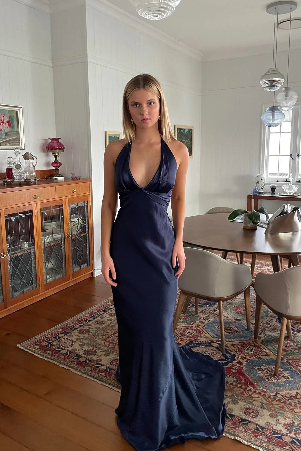 open lace back dress Trendy Sheath Halter Neck Purple Long Party Dress with Open Back Bowkn –  Koutun Dress