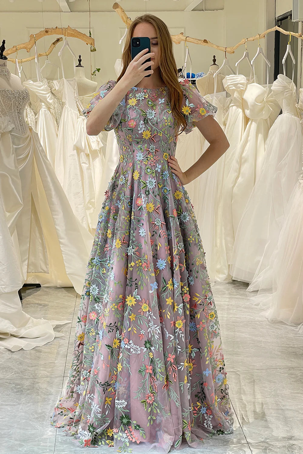 mauve formal dress Princess A-Line Embroidered Long Prom with Short Sleeves – Koutun Dress augustmarkdowns Molded bust cups and blue poppy fairy dress Color:GoldMist (Gold)