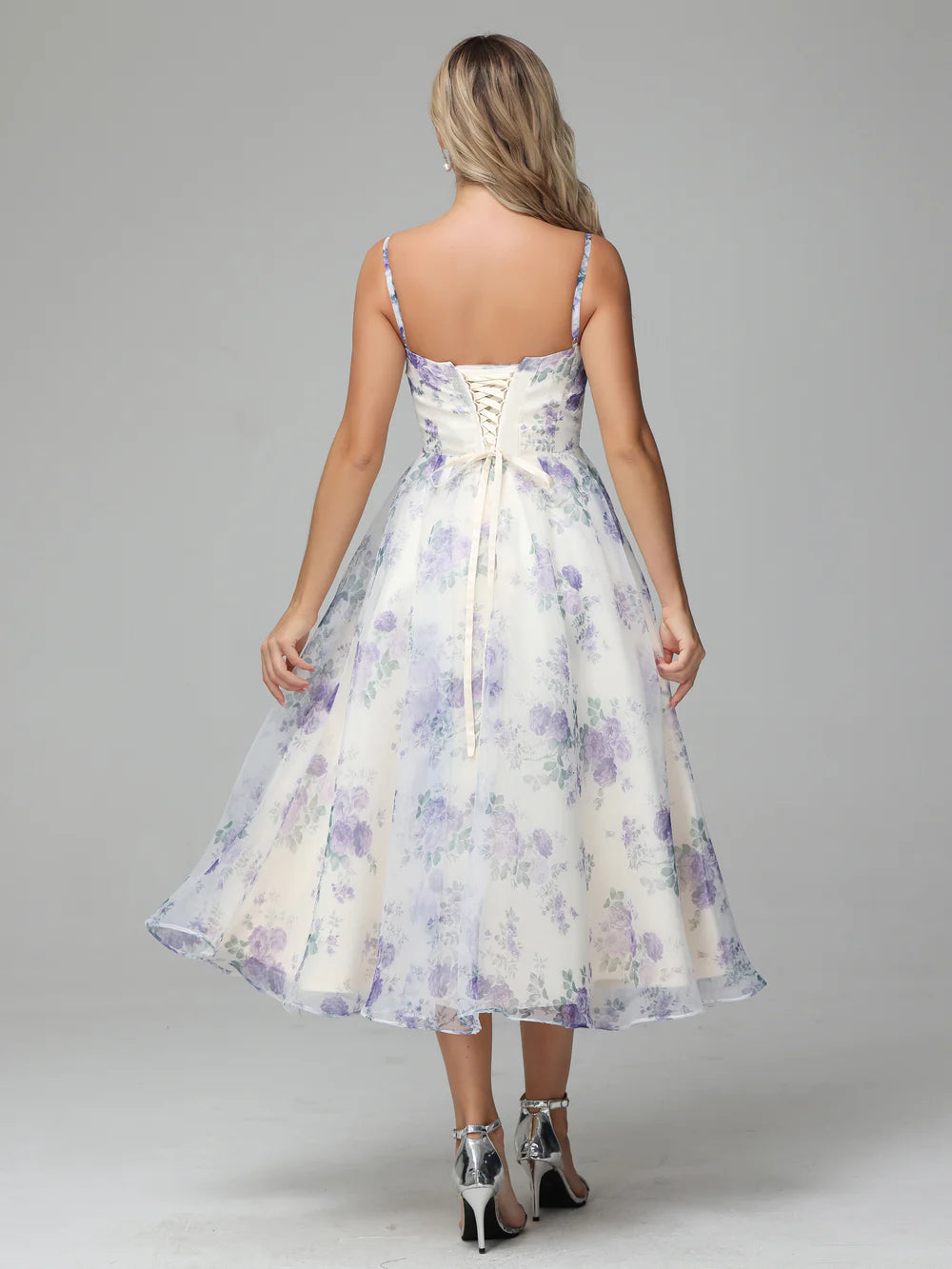 Spaghetti Straps Floral Print Tea Length Prom Dresses