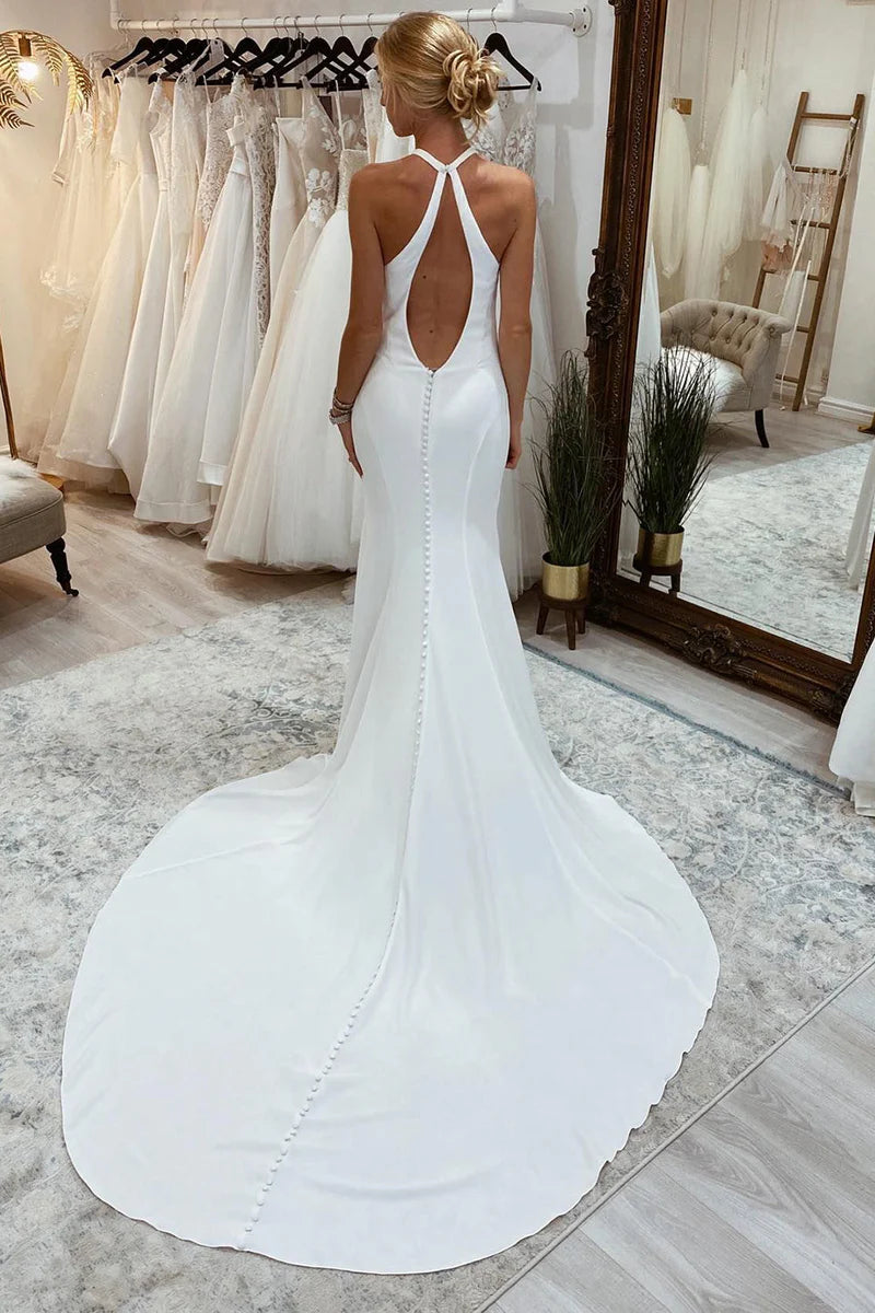 Simple White Halter Open Back Long Wedding Dress Sweep/Brush Train Dresses