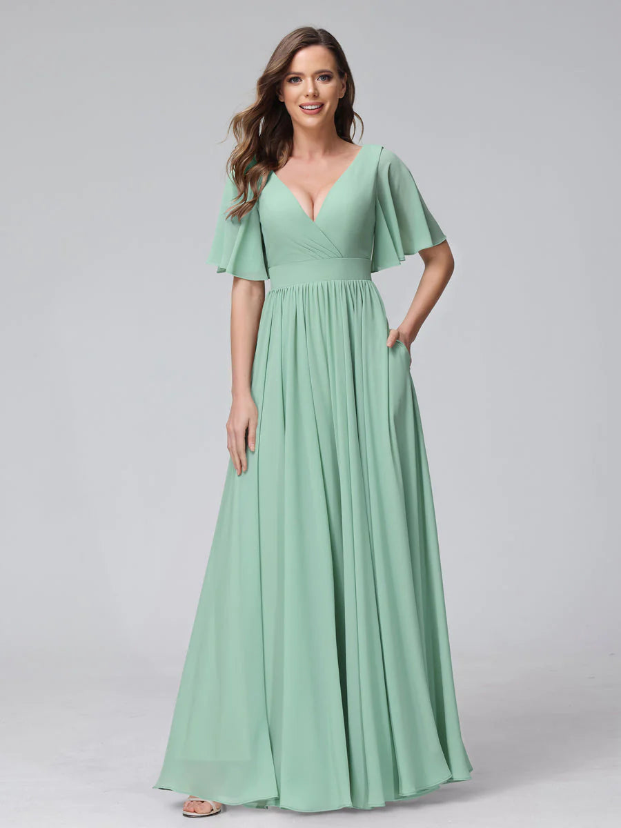 A-Line V-Neck Half Sleeves Long Chiffon Bridesmaid Dresses With Ruffle Koutun Dress A-Line V-Neck Half Sleeves Long Chiffon Bridesmaid Dresses With Ruffle Koutun Dress