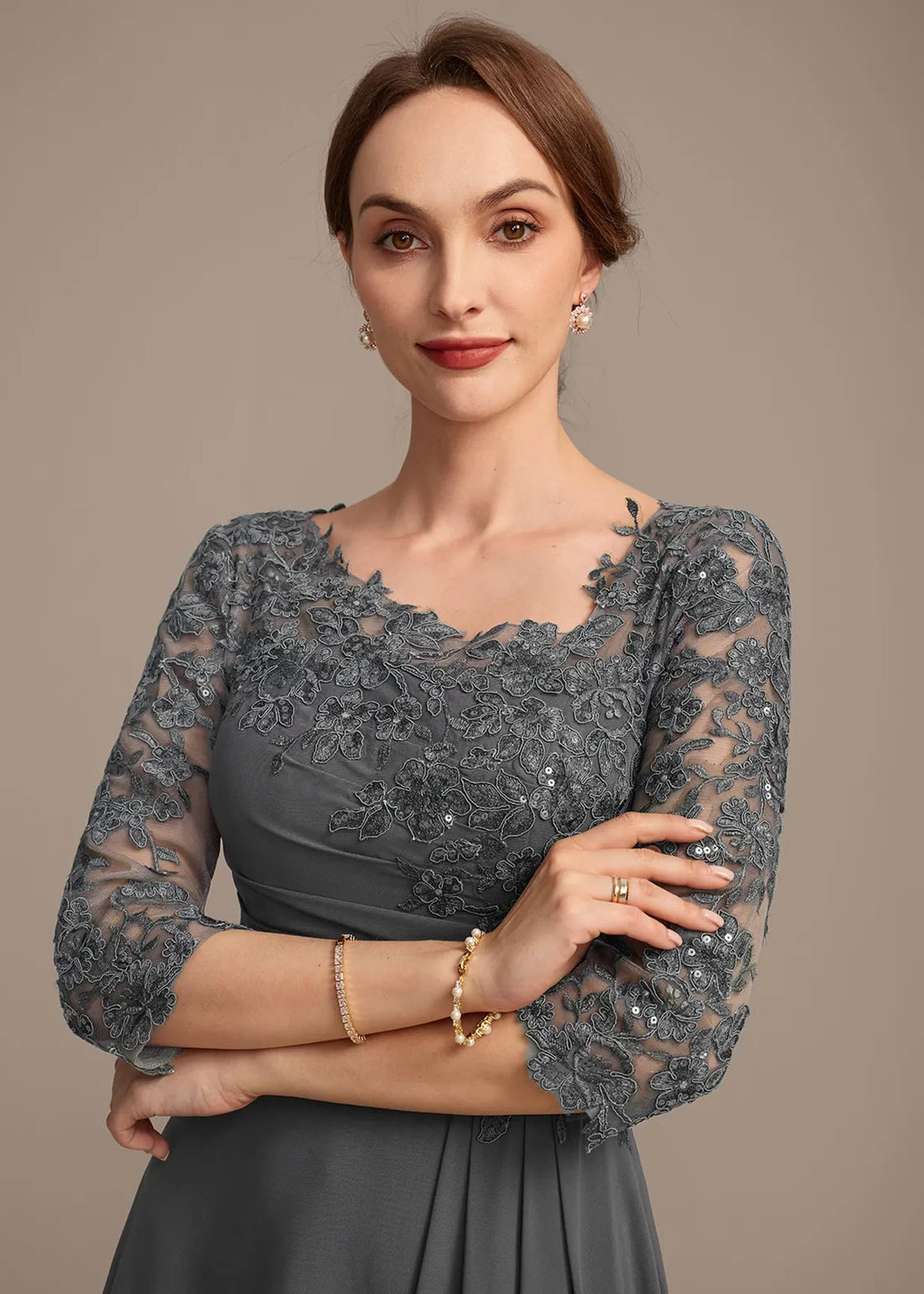 A-Line Scoop Neck Three-Quarter Sleeve Embellished Grey High-Low Mother Of The Bride Dress