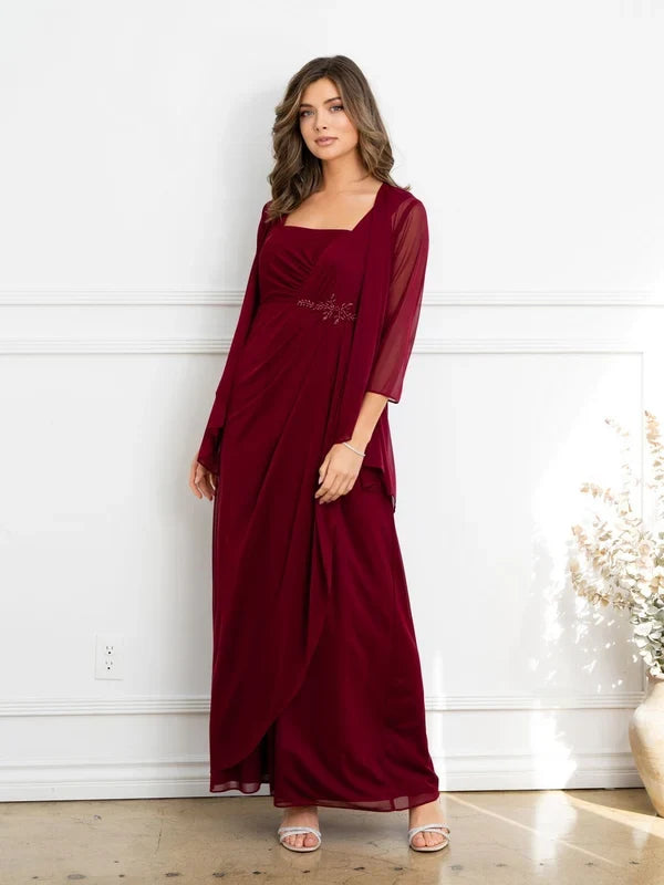 A-Line Square Neck 3/4 Sleeve Embellished Burgundy Floor-Length Mother Of The Bride Dress