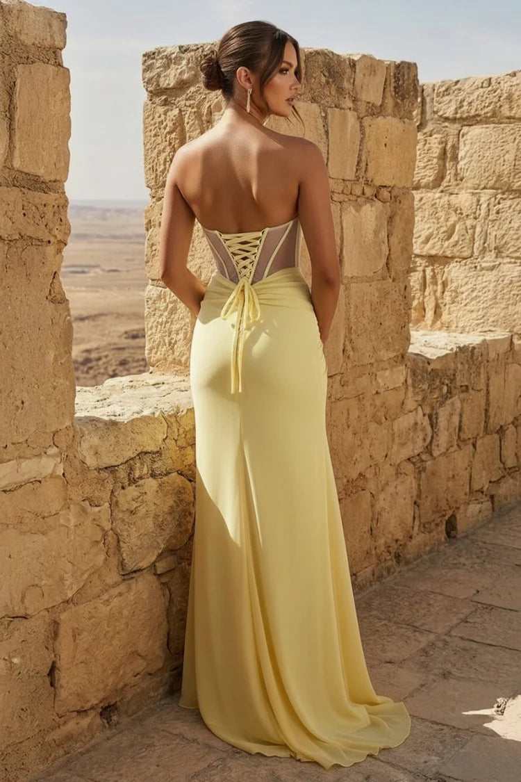 Aqua Blue Strapless Corset Lace Up Back High Slit Prom Dresses