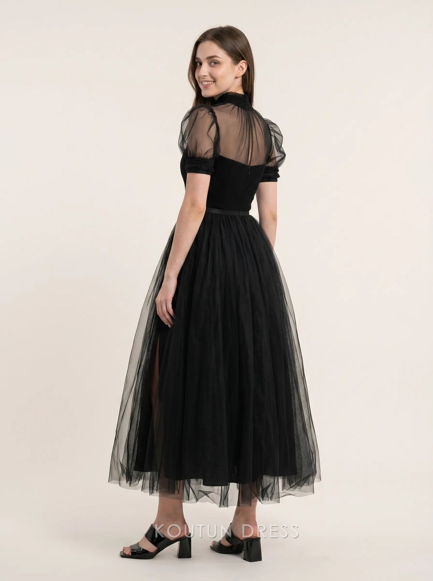 Black High Neck Puff Sleeve Sweetheart Bodice Tulle A Line Midi Formal Evening Prom Dress