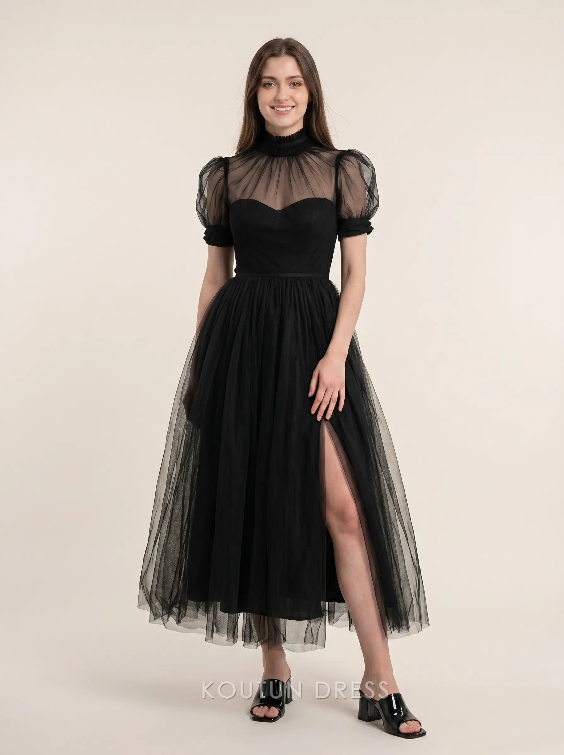 high neck a line midi dress Black Puff Sleeve Sweetheart Bodice Tulle Formal – Koutun My favorite backless dress The high neckline adds Color:Blue as Pics Best Sellers NH Week 10