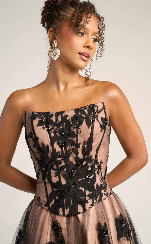 Black Nude Strapless Corset Floral Lace Tulle Ball Gown Back Zipper Floor Length Formal Evening Prom Dress