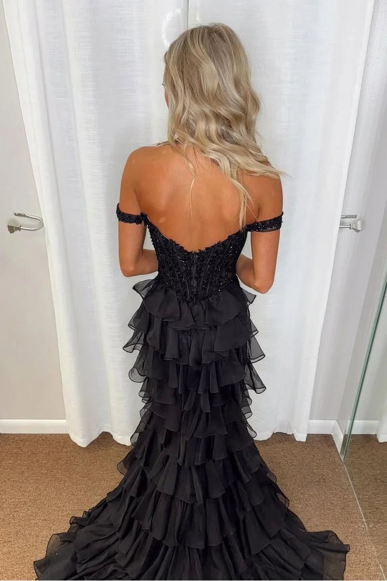 Black Off Shoulder Lace Corset Prom Dress with Tiered Chiffon Mermaid Skirt for Formal Events and Prom Nights