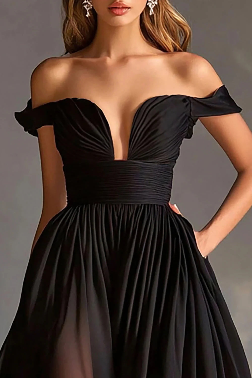 Black Off The Shoulder Prom Dress With Ruched Bodice And High Slit Chiffon A Line Skirt For Formal Evening Party