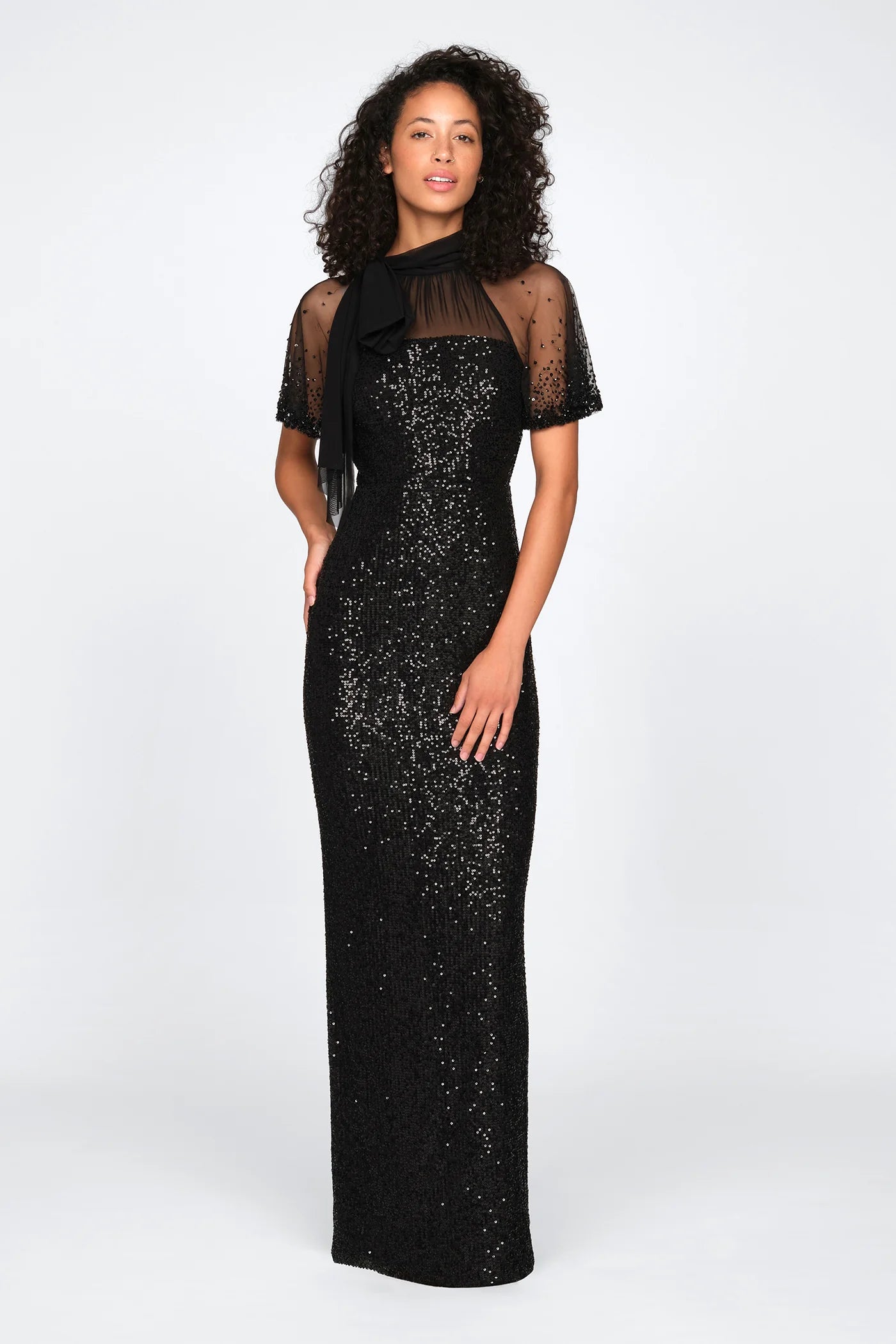 Black Sequin Sheath Mock Neck Sheer Puff Sleeve Bow Detail Floor Length Formal Evening Prom Dress