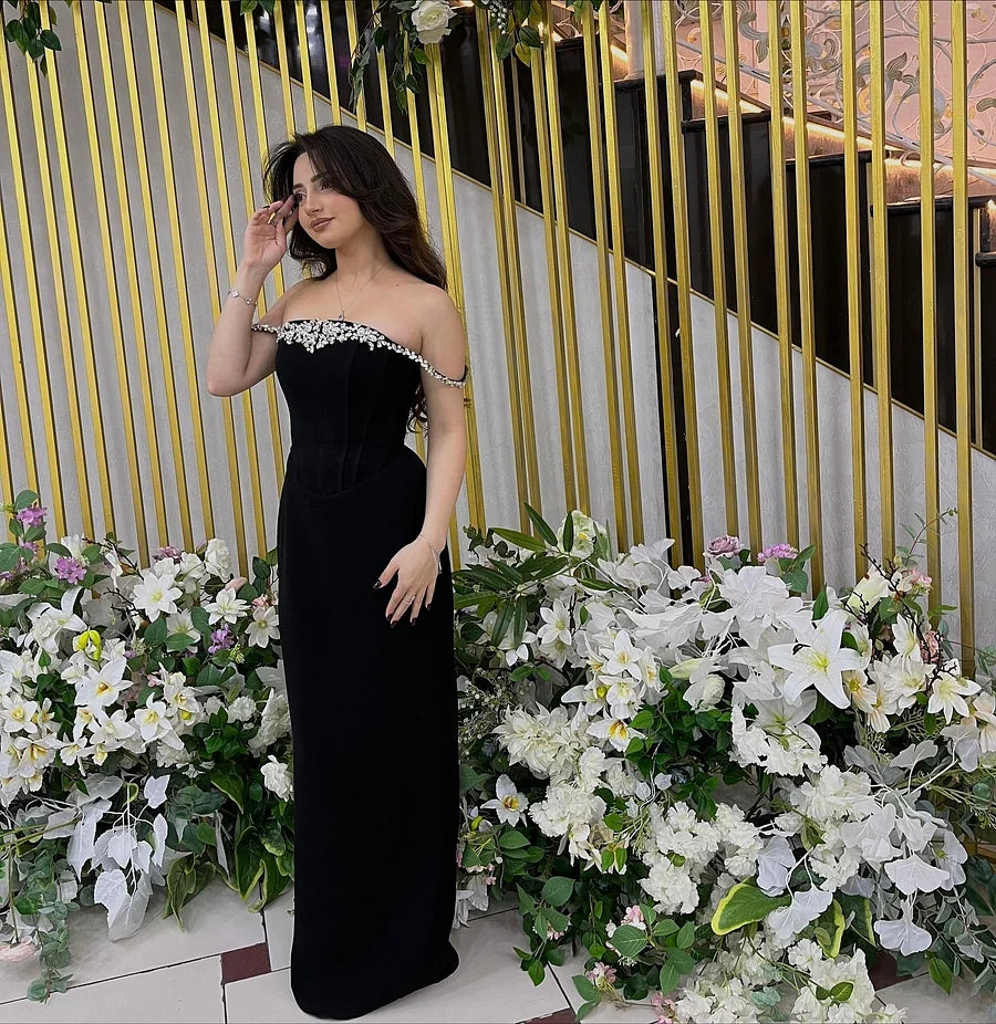 Black Velvet Maxi Prom Dresses with Off Shoulder Neck Beaded Trim Corset Waist Column Skirt for Prom and Gala