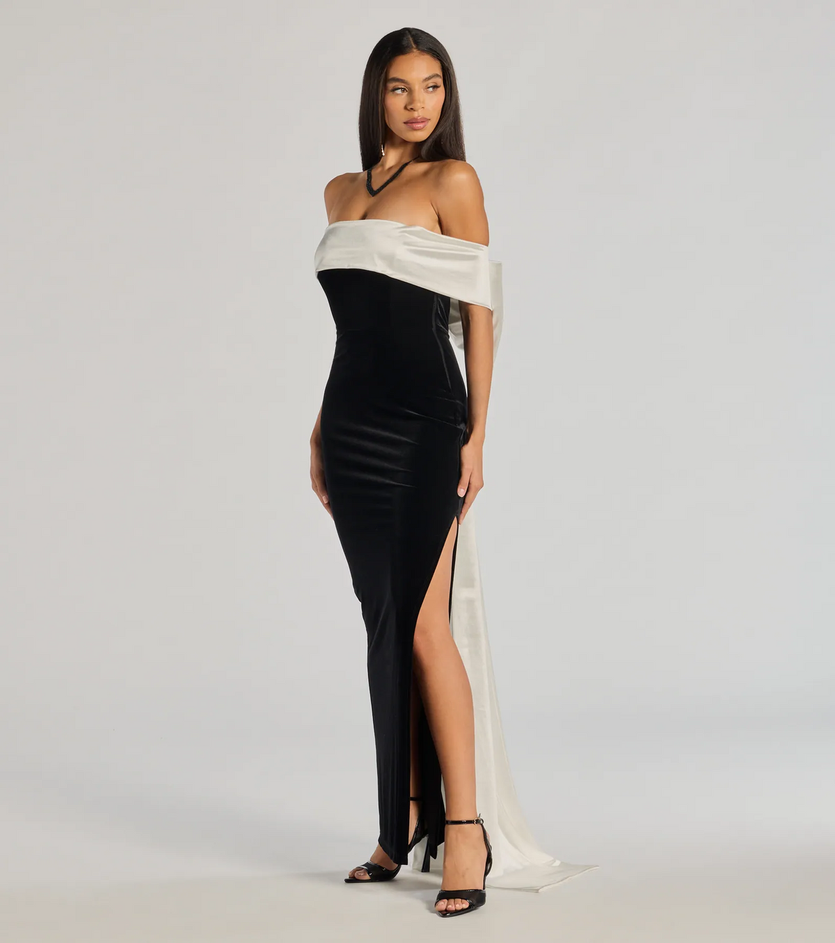 Black Velvet Off Shoulder White Bow Back Slit Long Evening Dresses