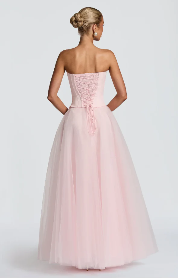 Blush Pink Ball Gown Prom Dress with Strapless Sweetheart Corset Bodice, Tulle Skirt and Lace-Up Back