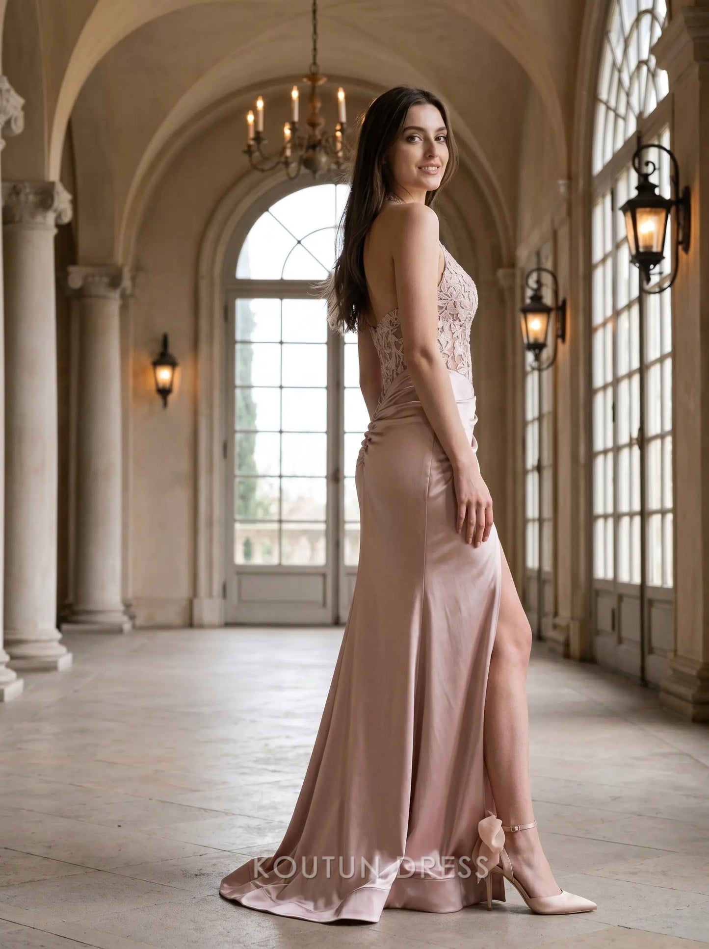 Blush Pink Halter Neck Floral Lace Bodice High Slit Satin Mermaid Floor Length Formal Evening Prom Dress